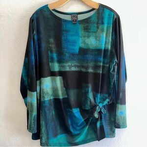 Clara Sun Woo Plus Size Turquoise Green Black Abstract Butter Knit Top USA Sz 1X
